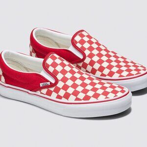 CUSTOM RED CHECKERED SLIP-ON VANS - WIDE